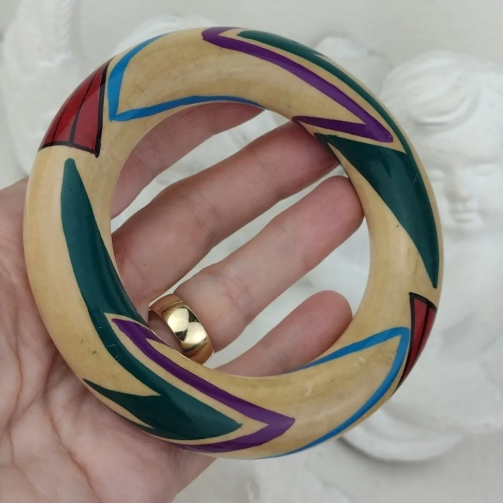 Hand-Painted Red Turquoise Light Blue Teal & Purple Resin Bangle Bracelet
